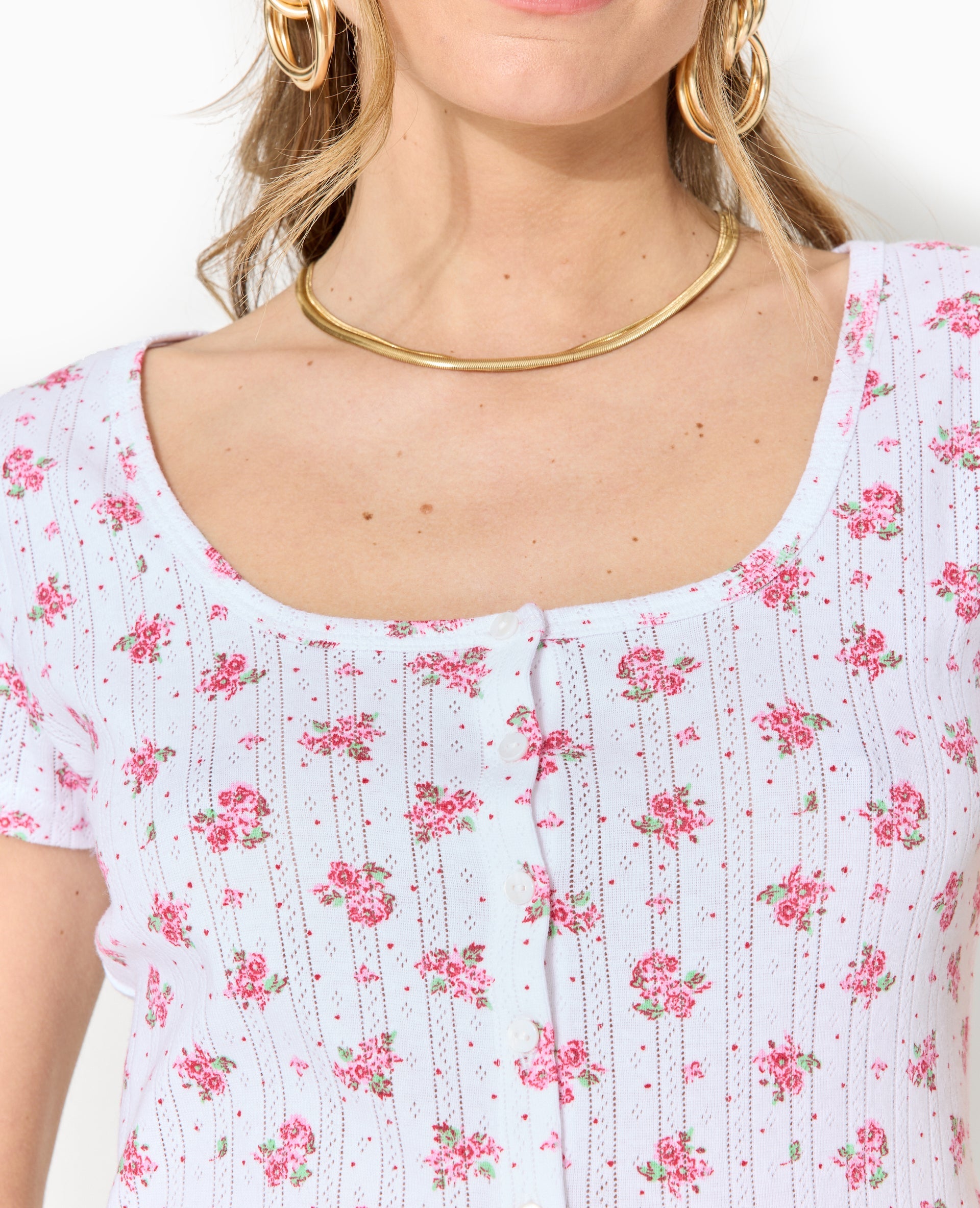 T-shirt boutonné en maille pointelle motif fleurs