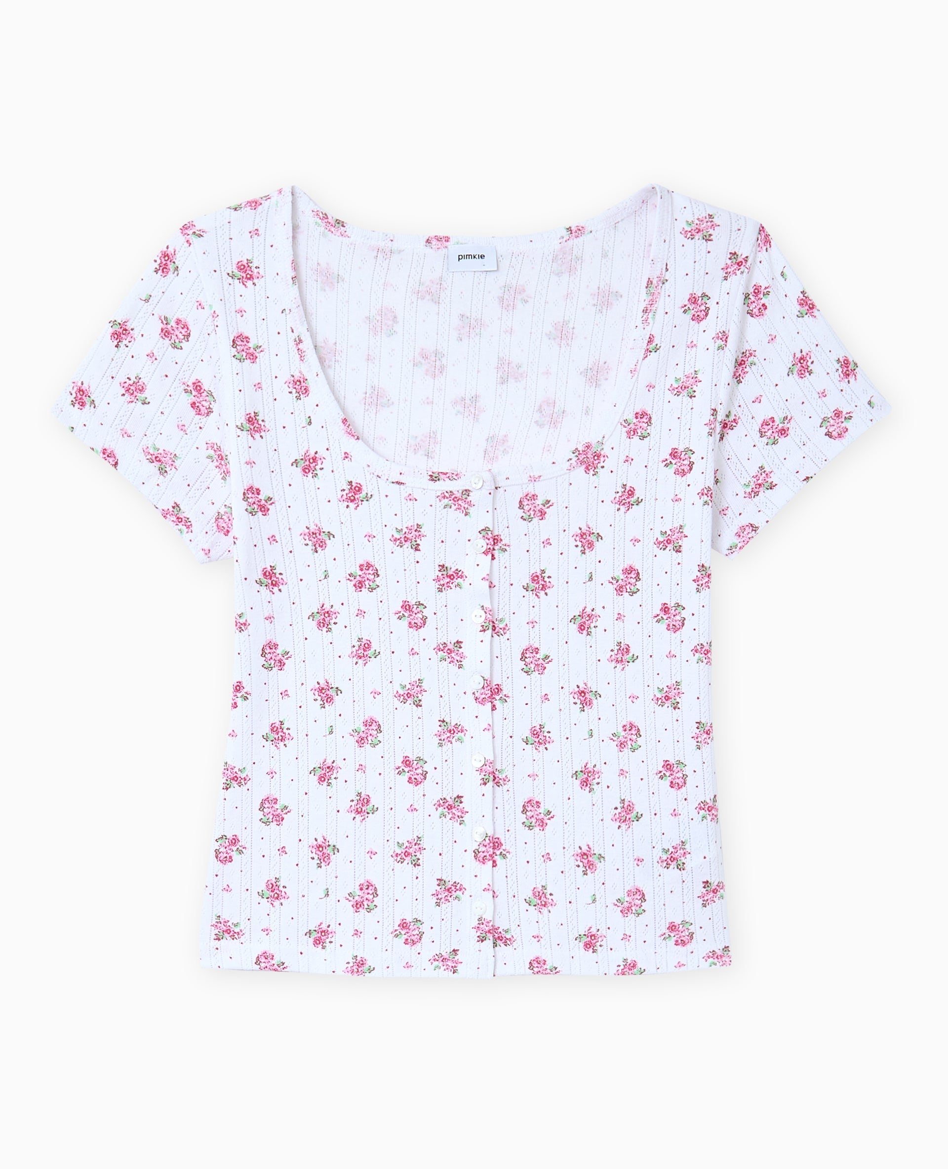 T-shirt boutonné en maille pointelle motif fleurs