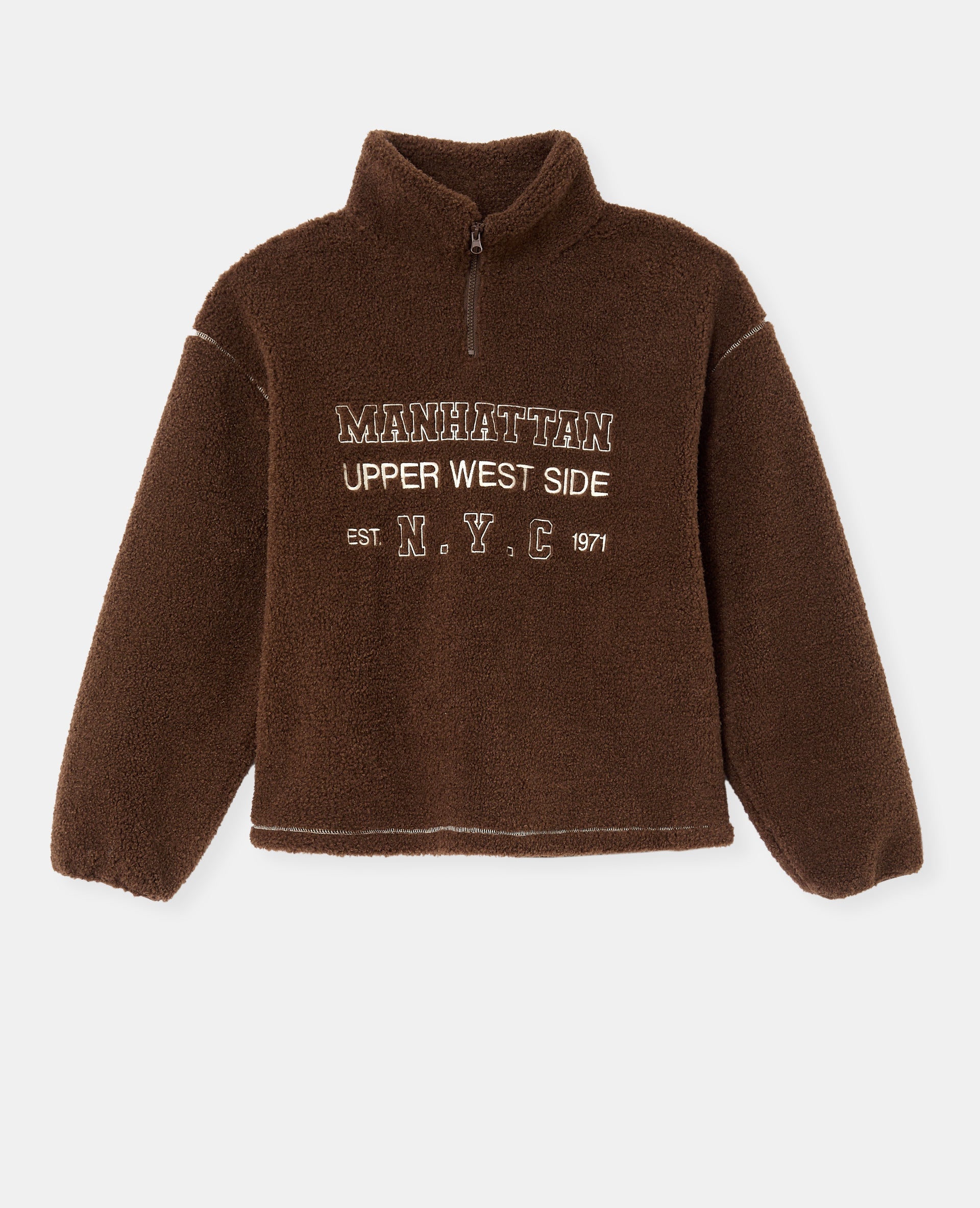 Sweat droit en sherpa col zippé avec broderies