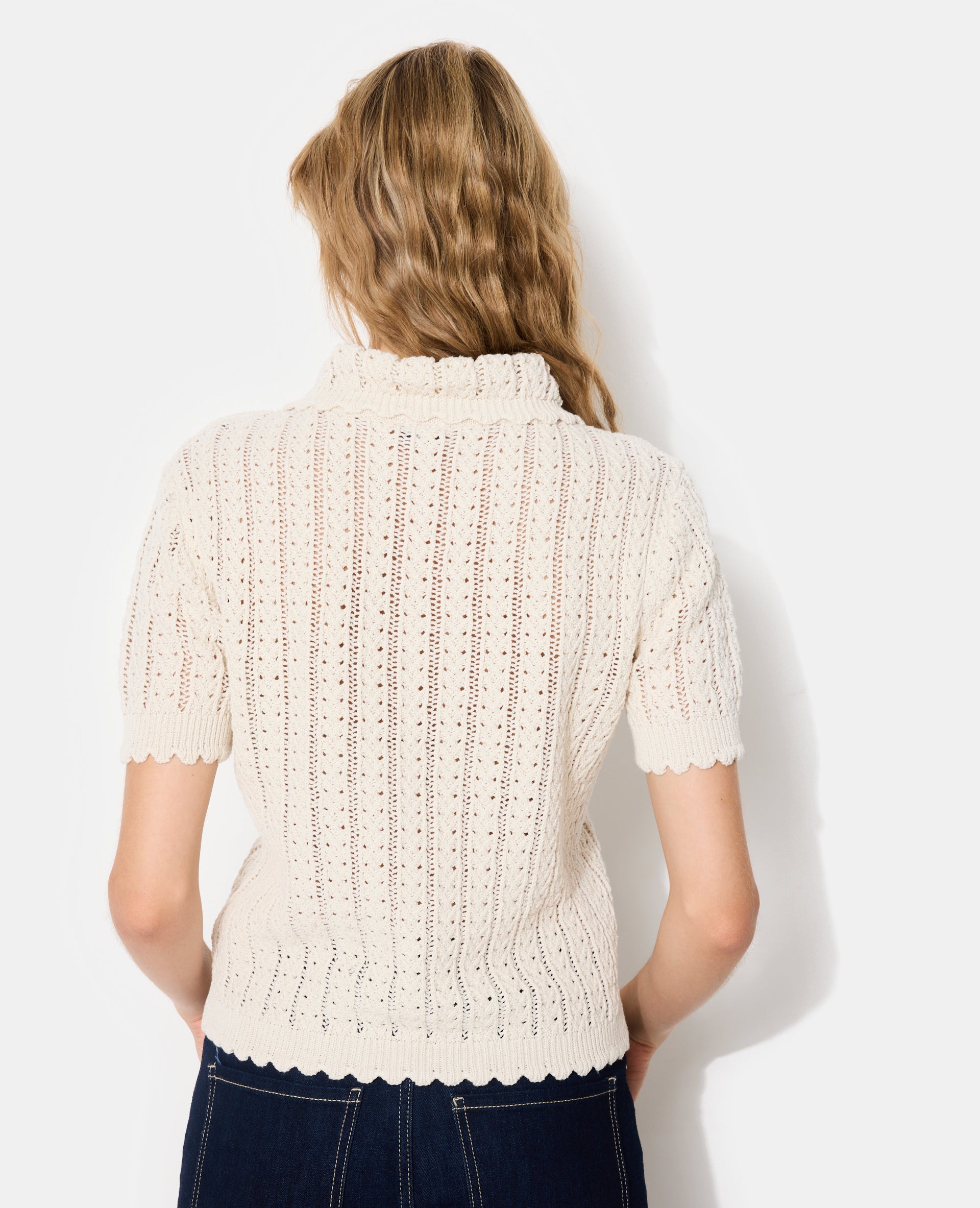 Pull manches courtes maille fantaisie et ajourée