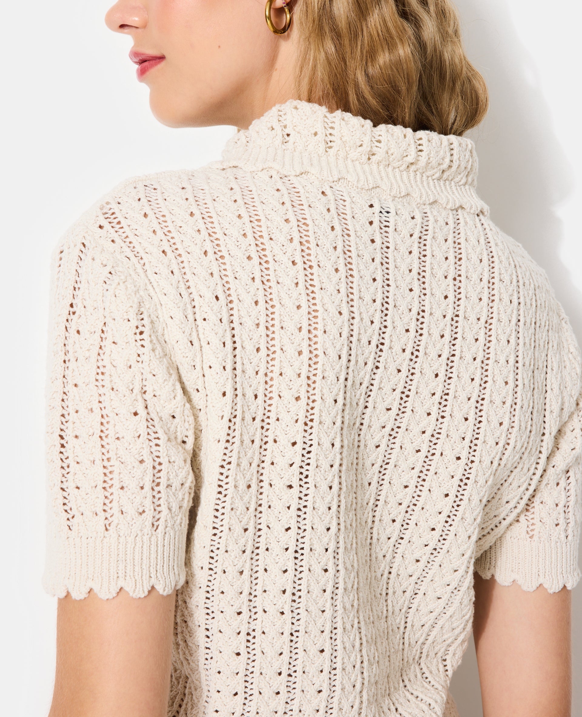 Pull manches courtes maille fantaisie et ajourée
