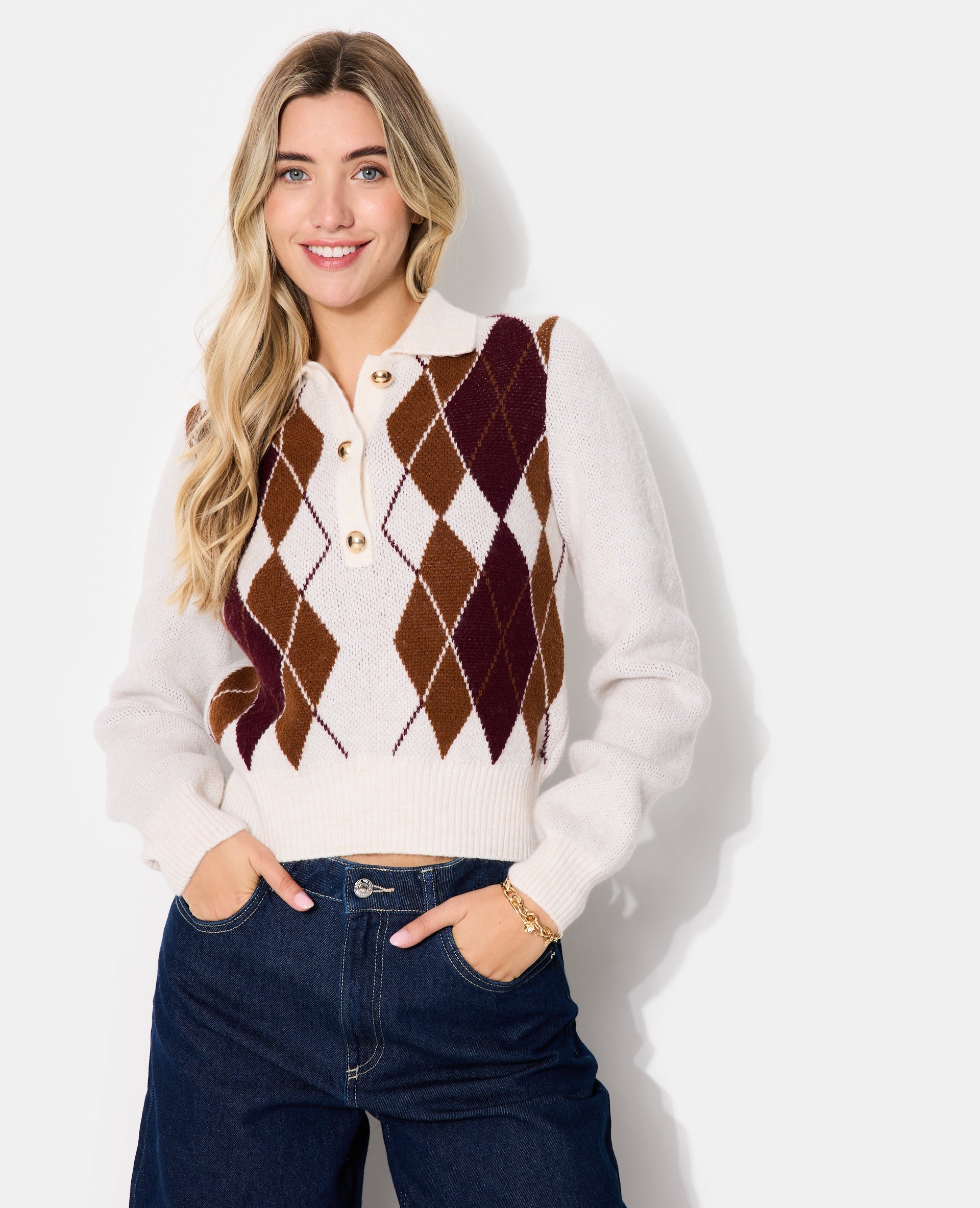 Pull col polo motif losanges