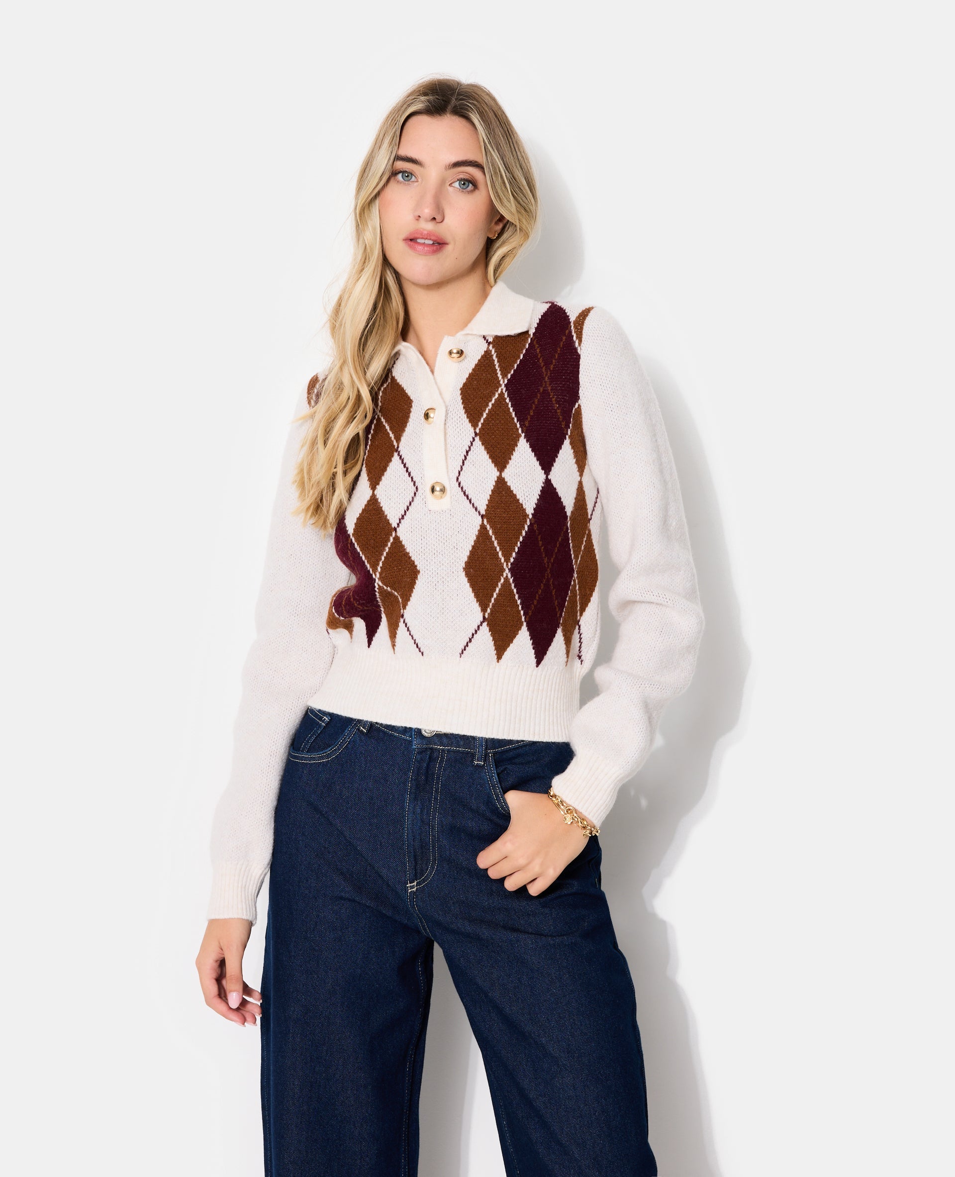 Pull col polo motif losanges