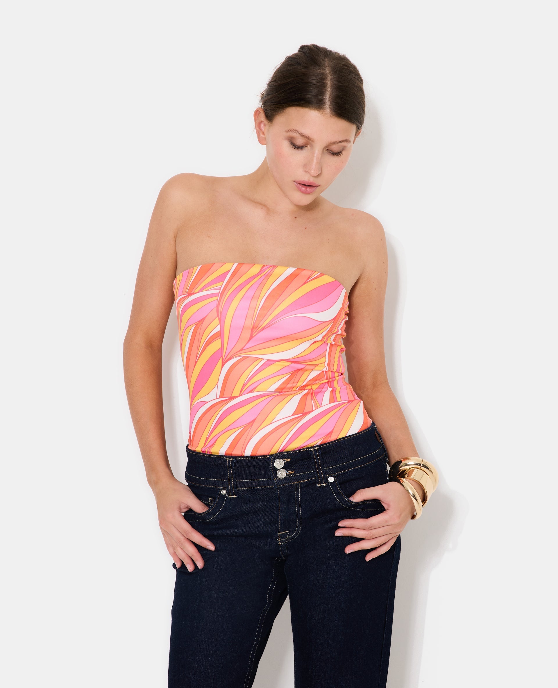 Top bustier en maille stretch motif seventies