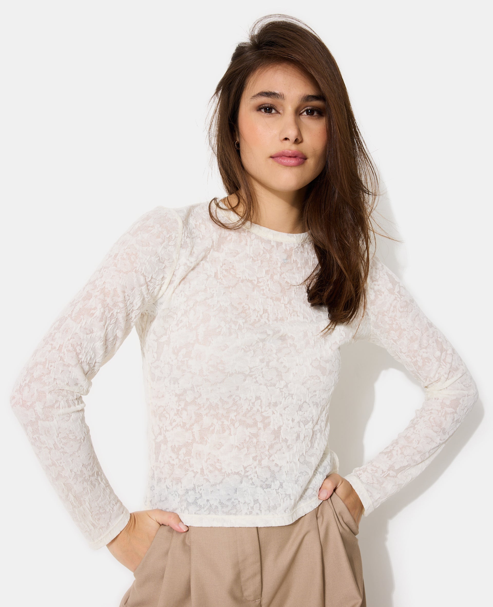 T-shirt manches longues en jacquard effet dentelle