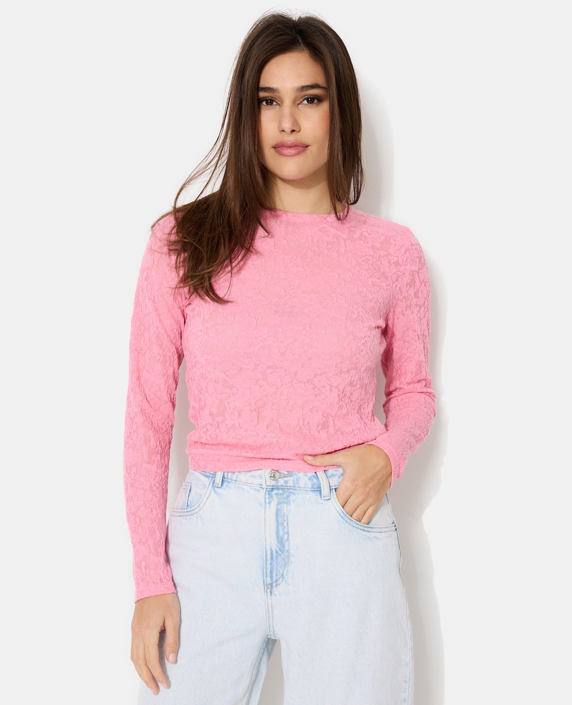 T-shirt manches longues en jacquard effet dentelle
