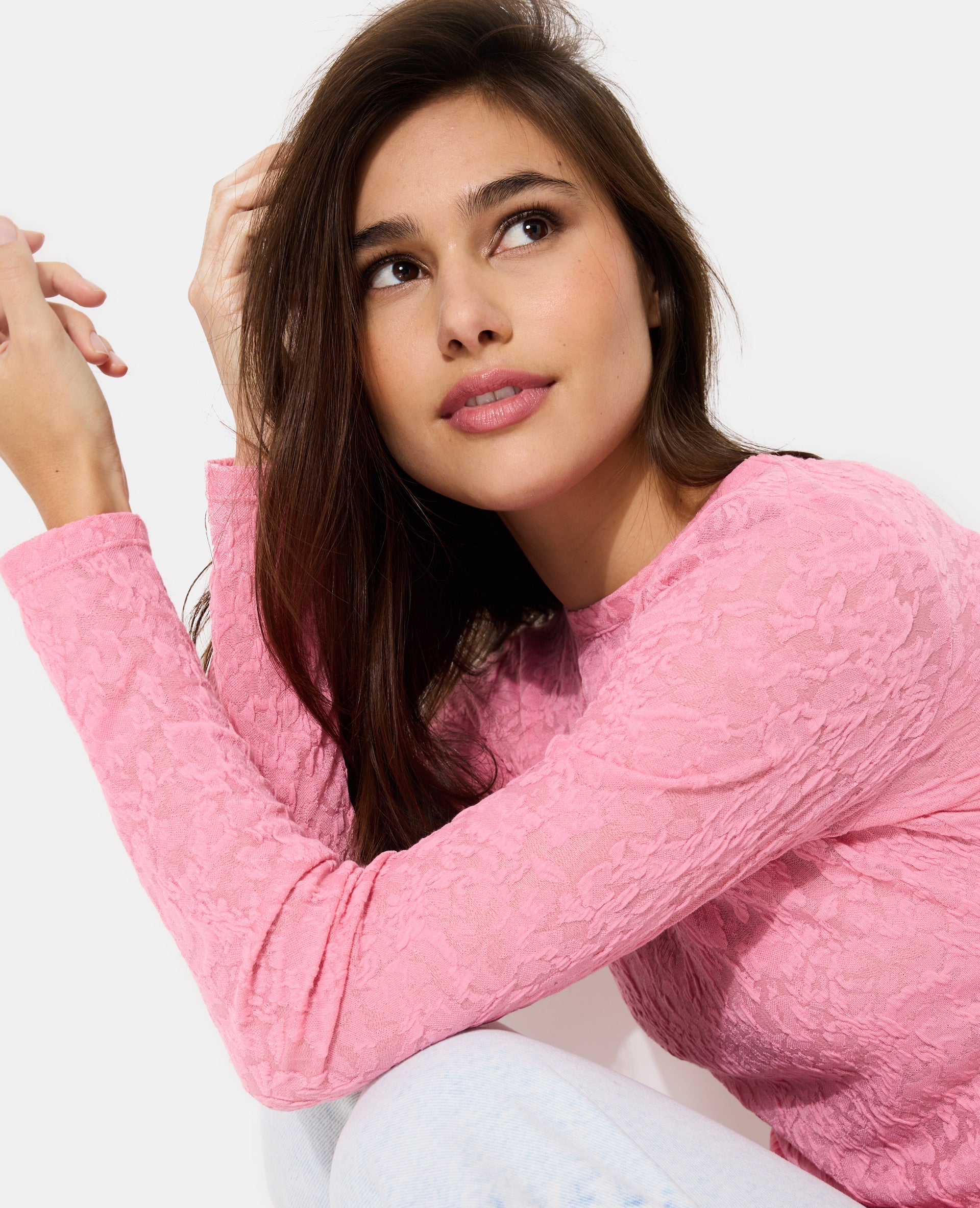 T-shirt manches longues en jacquard effet dentelle