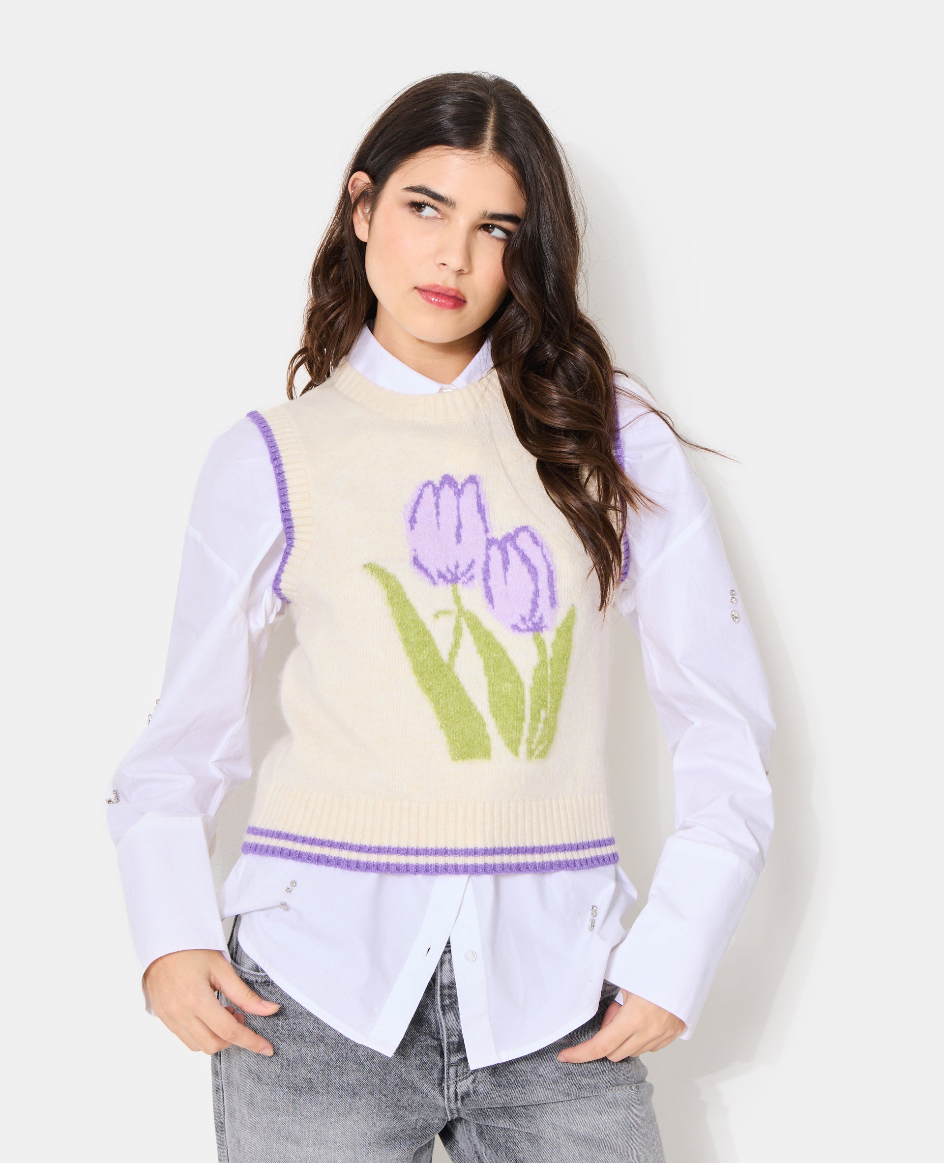Pull sans manches avec tulipes