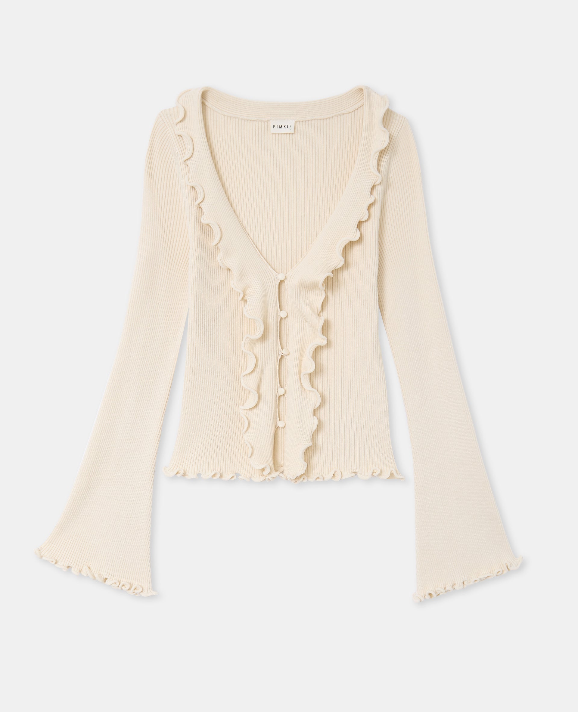 Gilet maille côtelée avec volants et bords ondulés