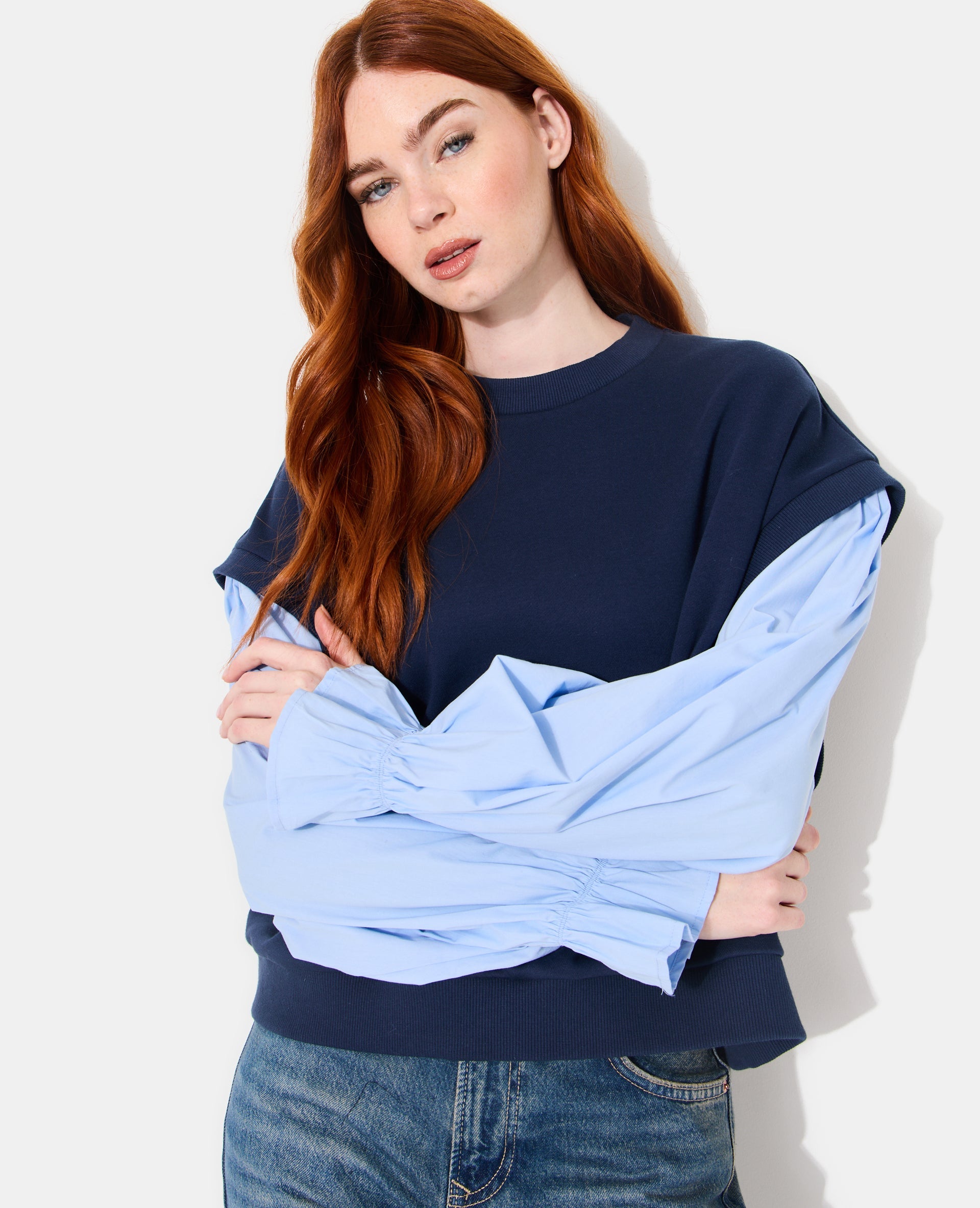 Sweat avec manches chemise effet 2 en 1