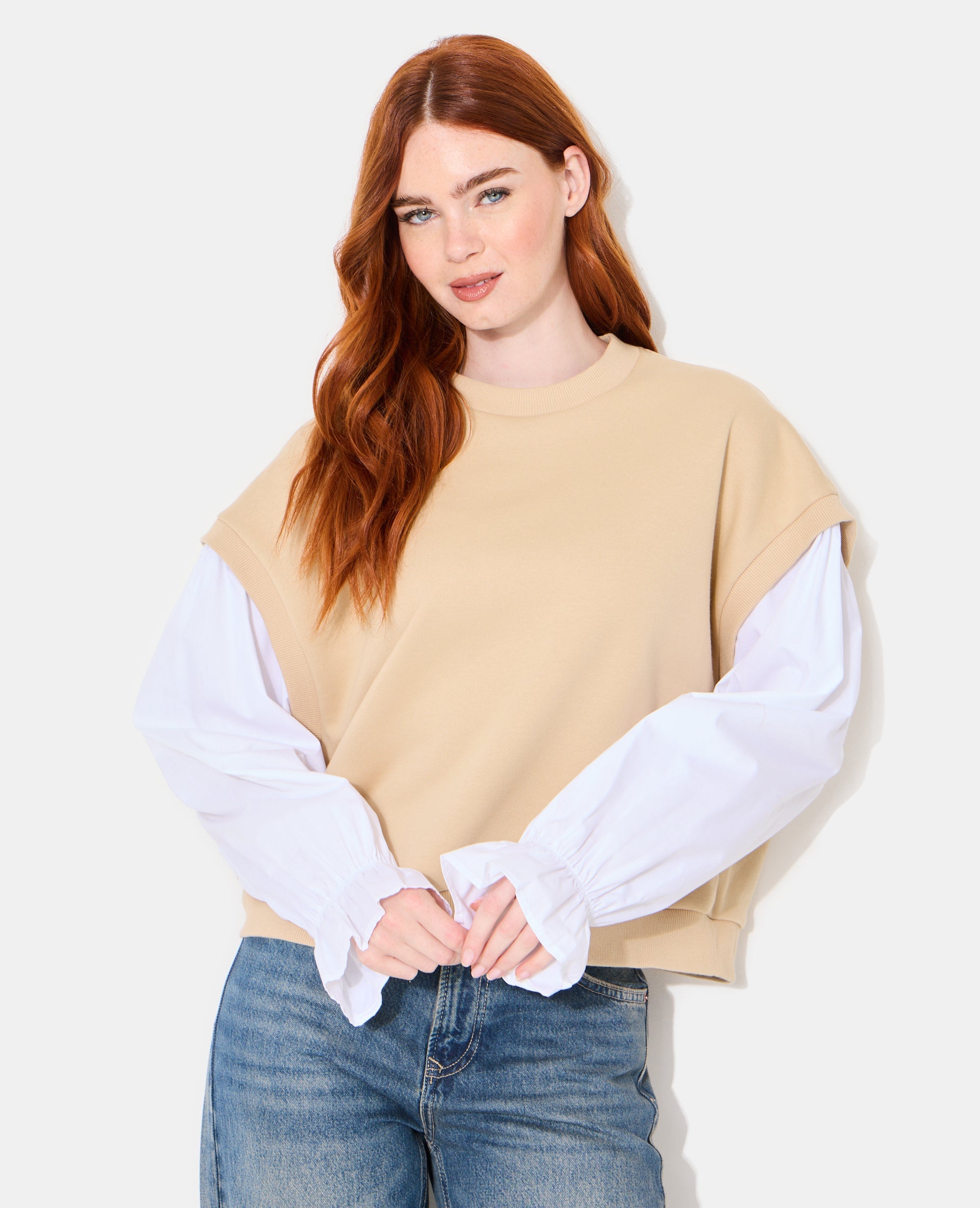 Sweat avec manches chemise effet 2 en 1