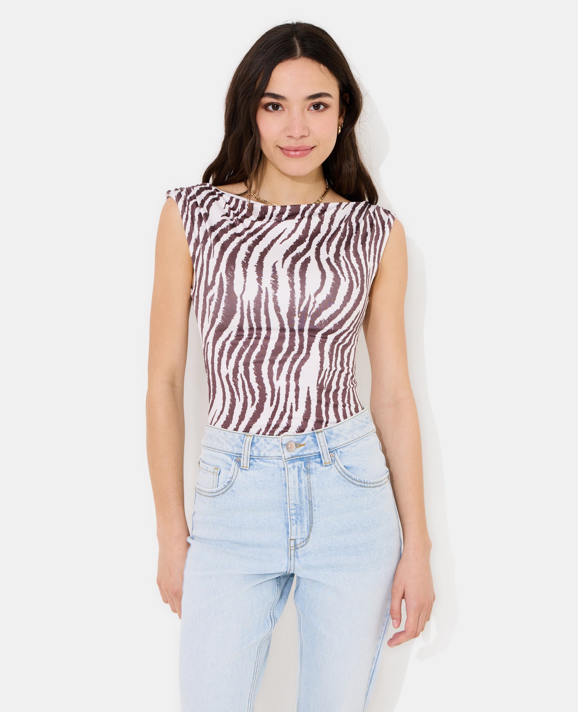 Body sans manches encolure drapée motif zèbre