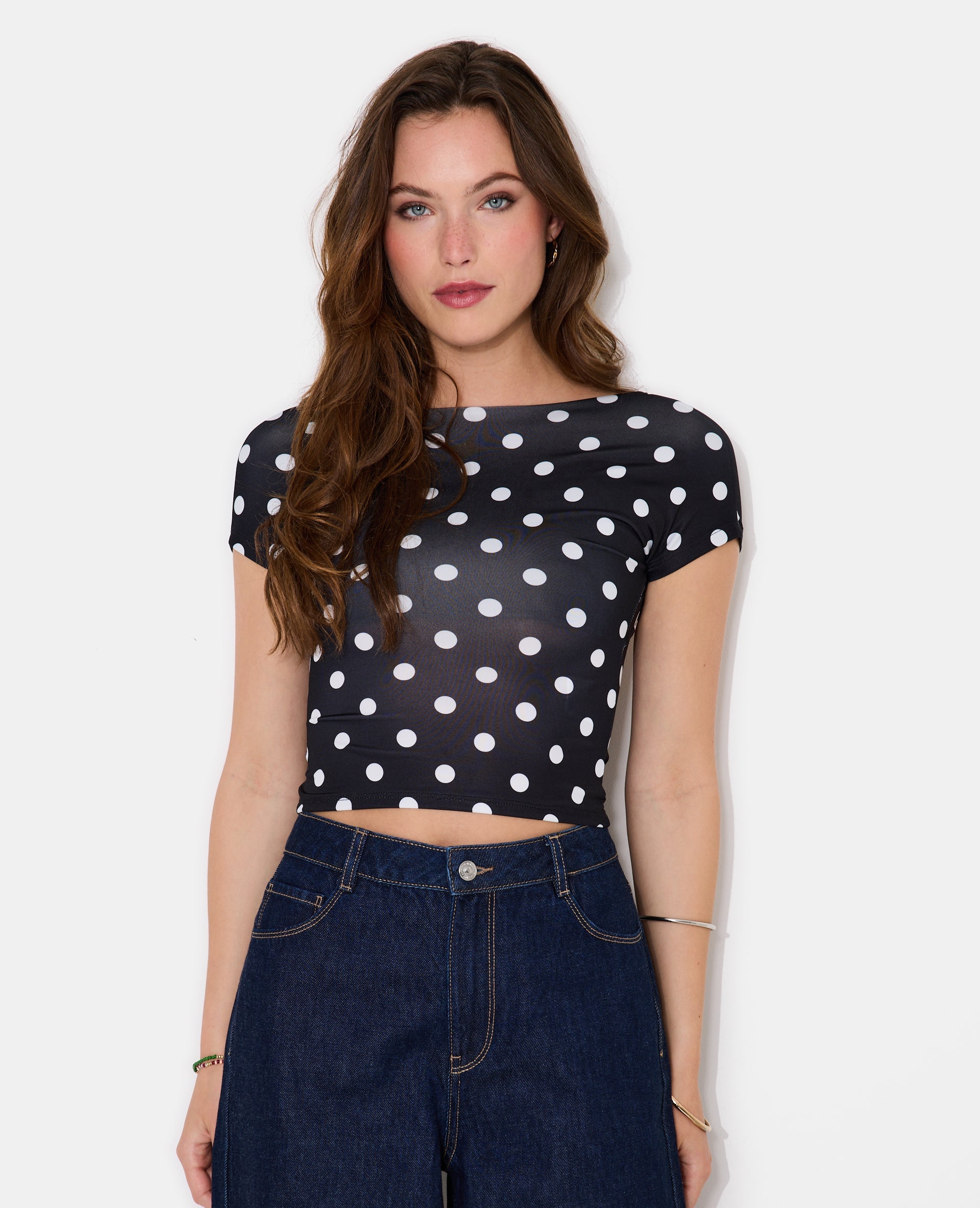 Top court dos ouvert motif pois