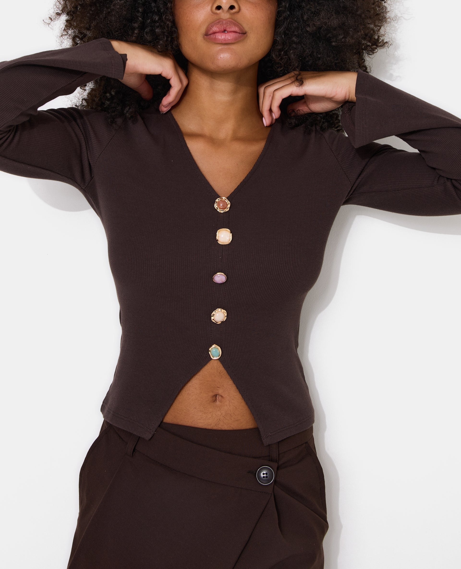 T-shirt manches longues effet gilet boutons fantaisie