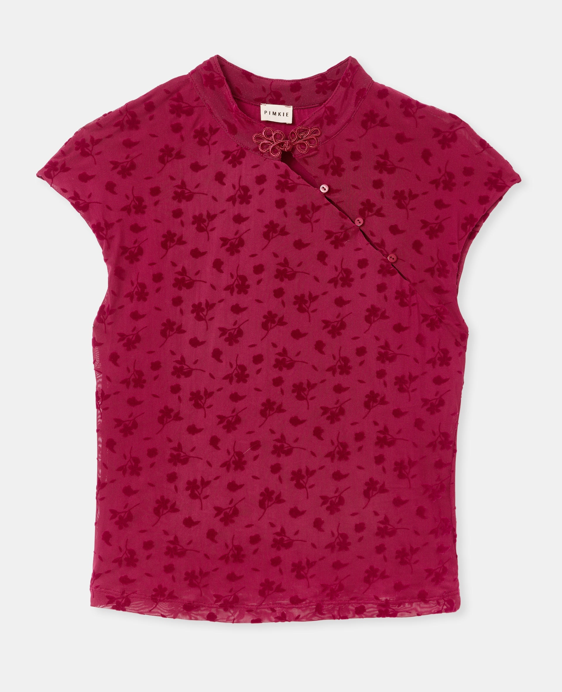 Top col mao en résille avec motif fleurs