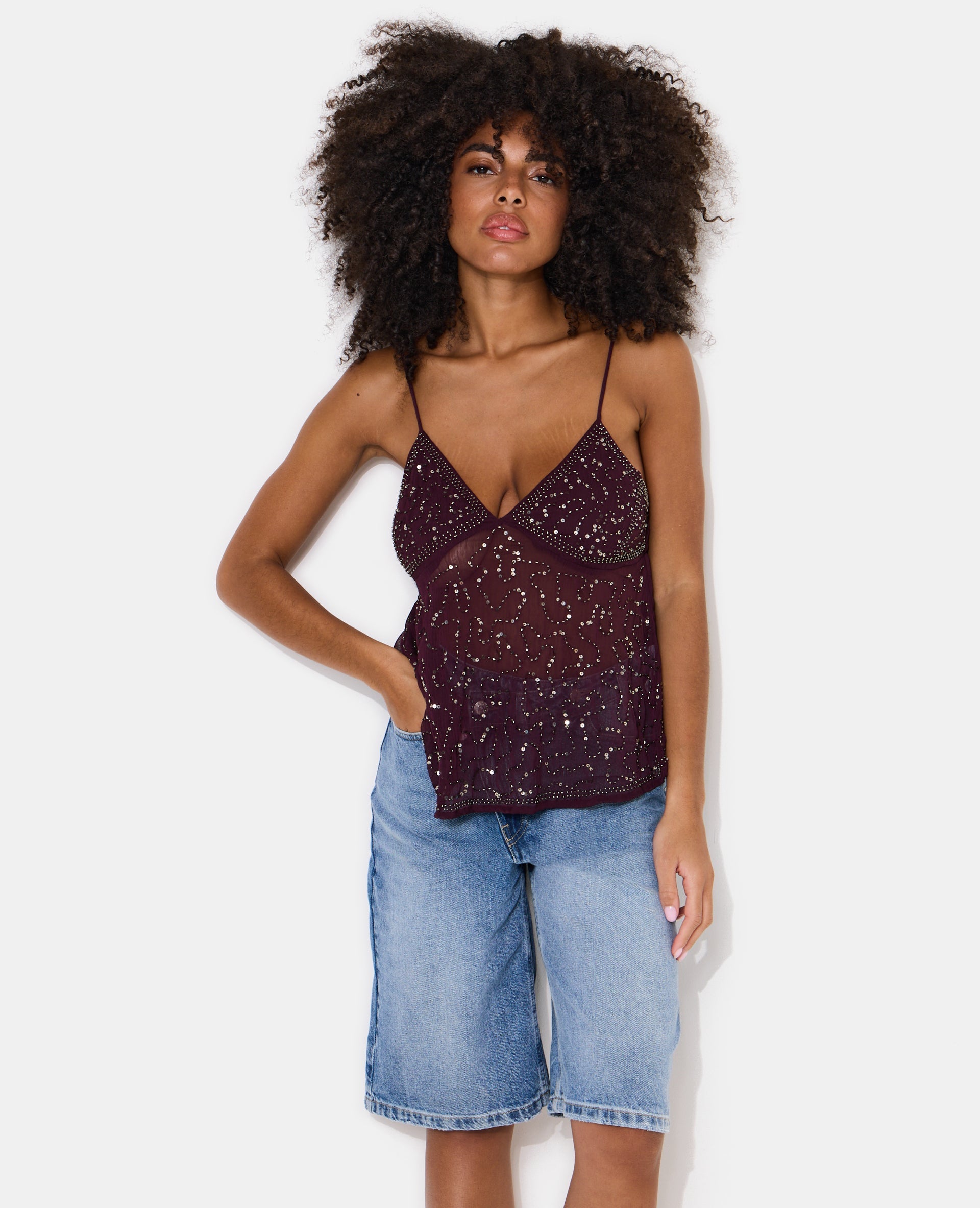 Top à bretelles en voile avec sequins et perles