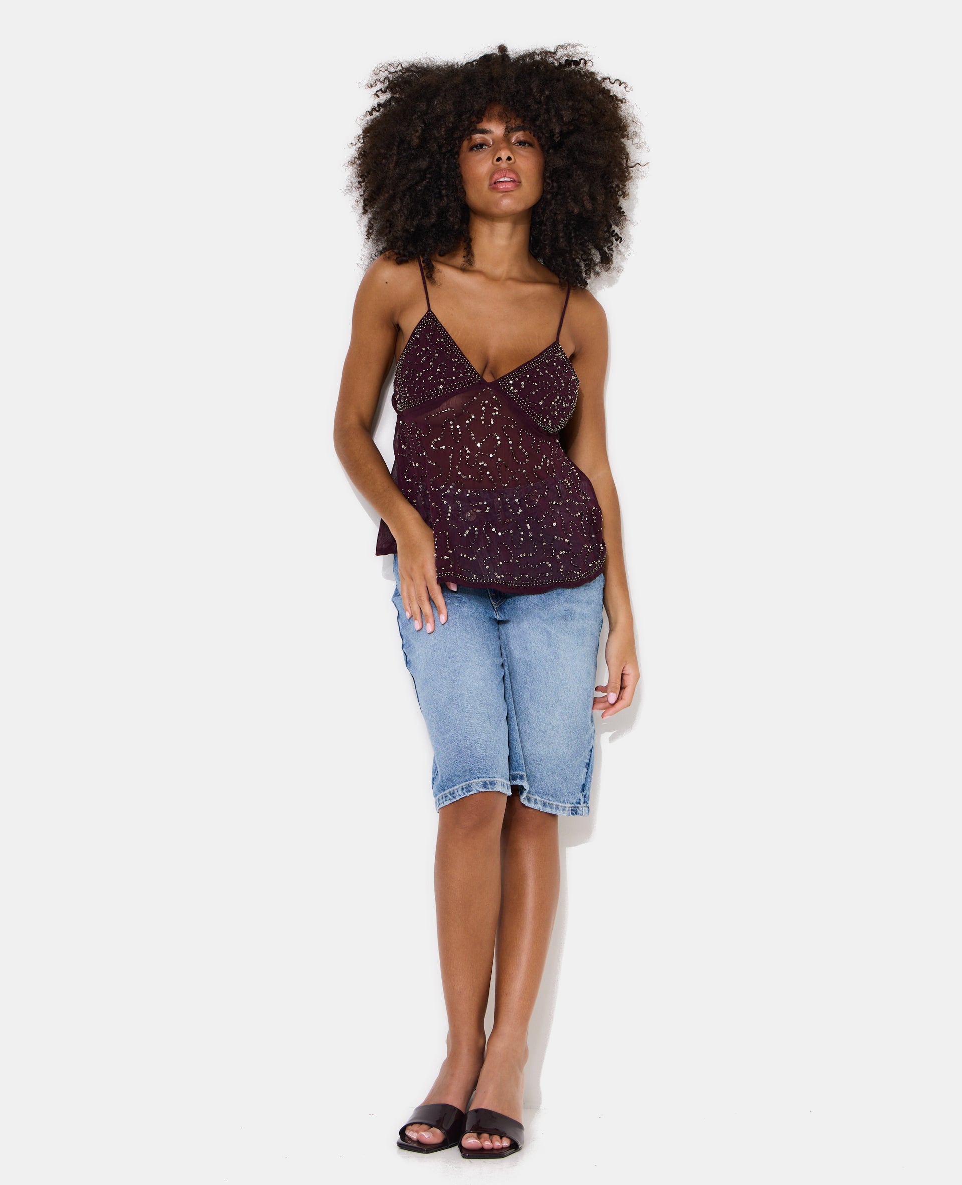 Top à bretelles en voile avec sequins et perles