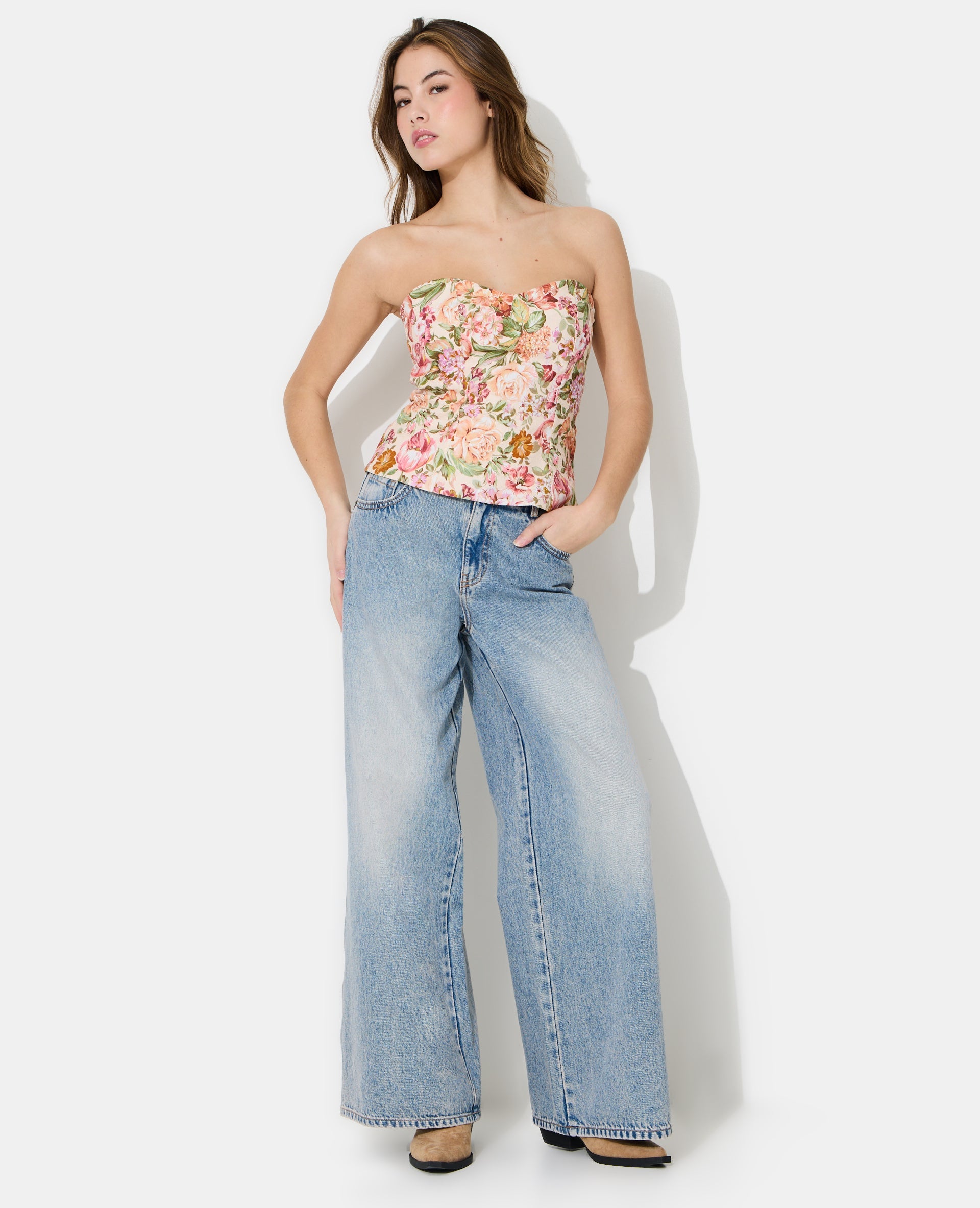 Top bustier motif fleurs façon tapisserie