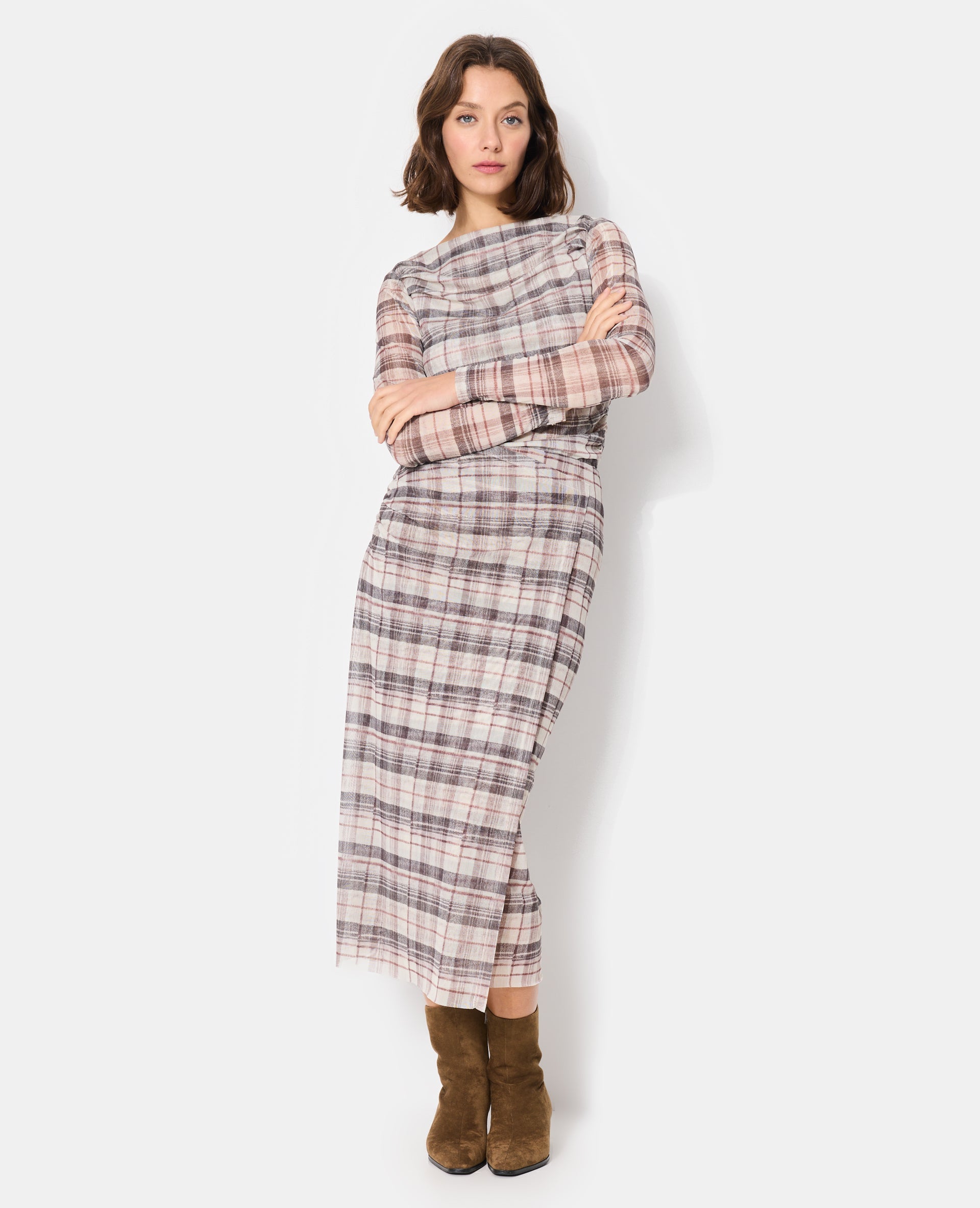 Jupe longue en résille effet porte-feuille motif carreaux