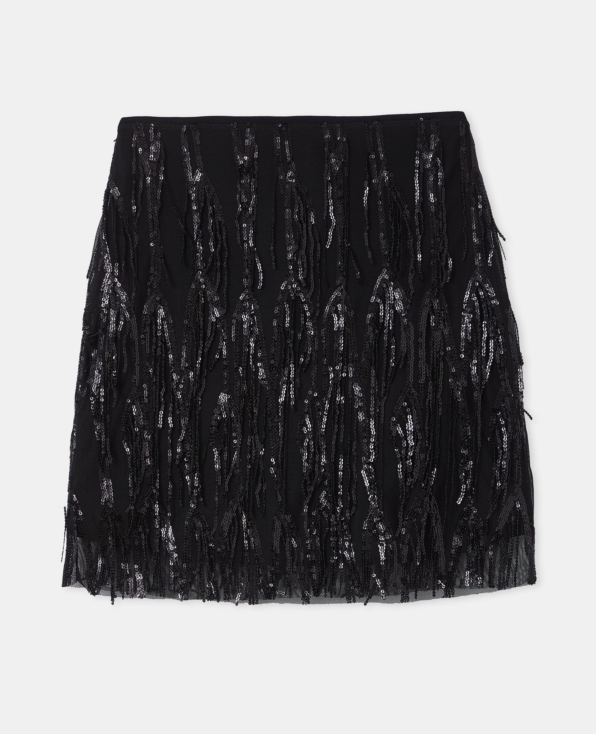 Jupe courte en résille avec franges en sequins