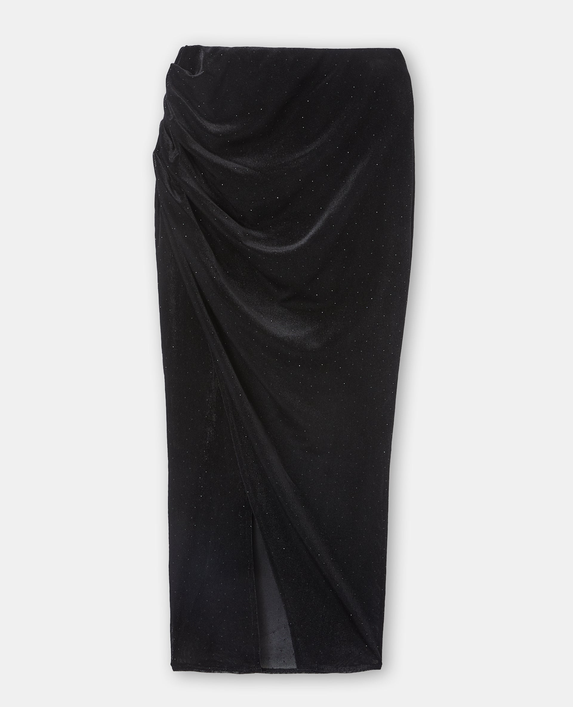 Jupe longue drapée en résille et velours avec strass