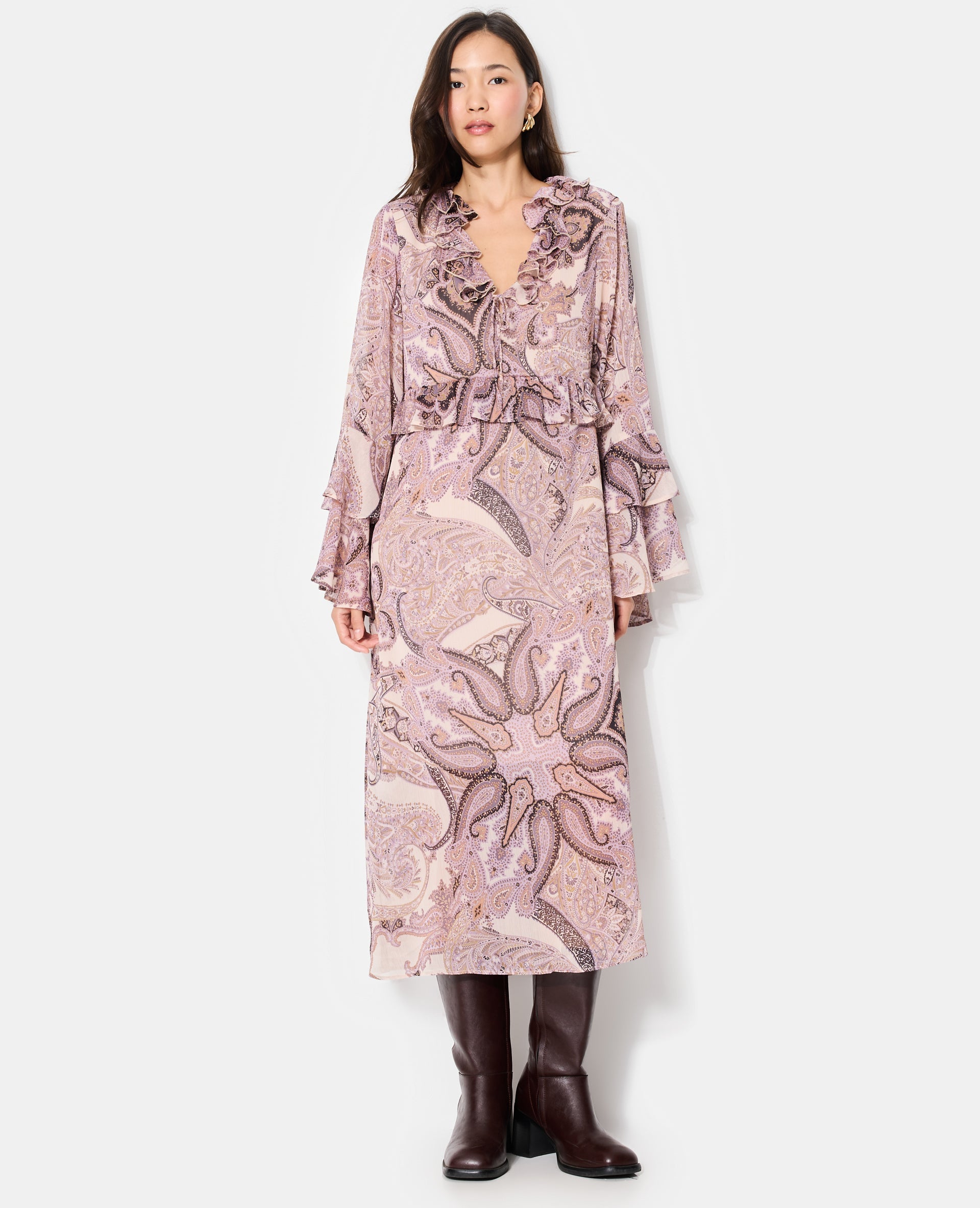 Robe longue en voile avec volants et motif cachemire