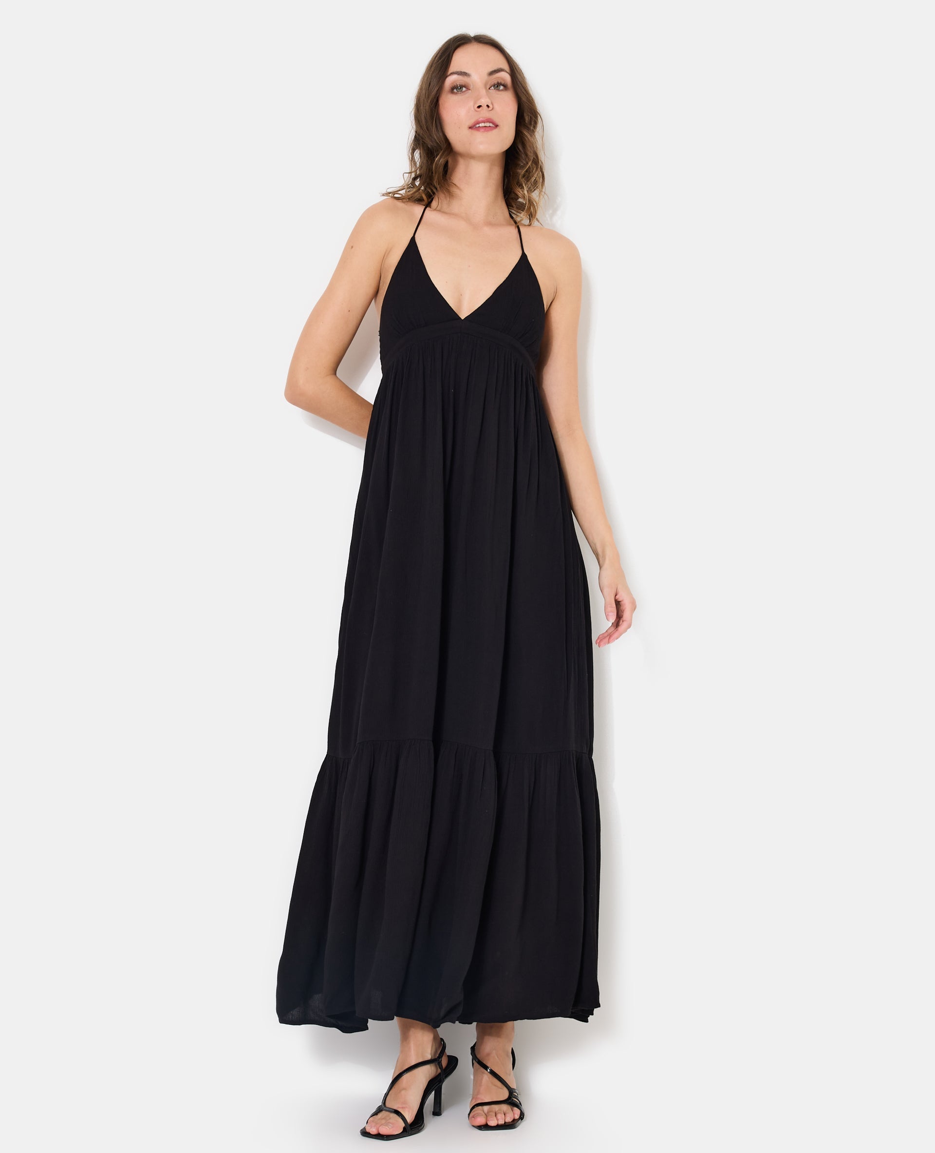 Robe longue évasée avec volant et bretelles fines