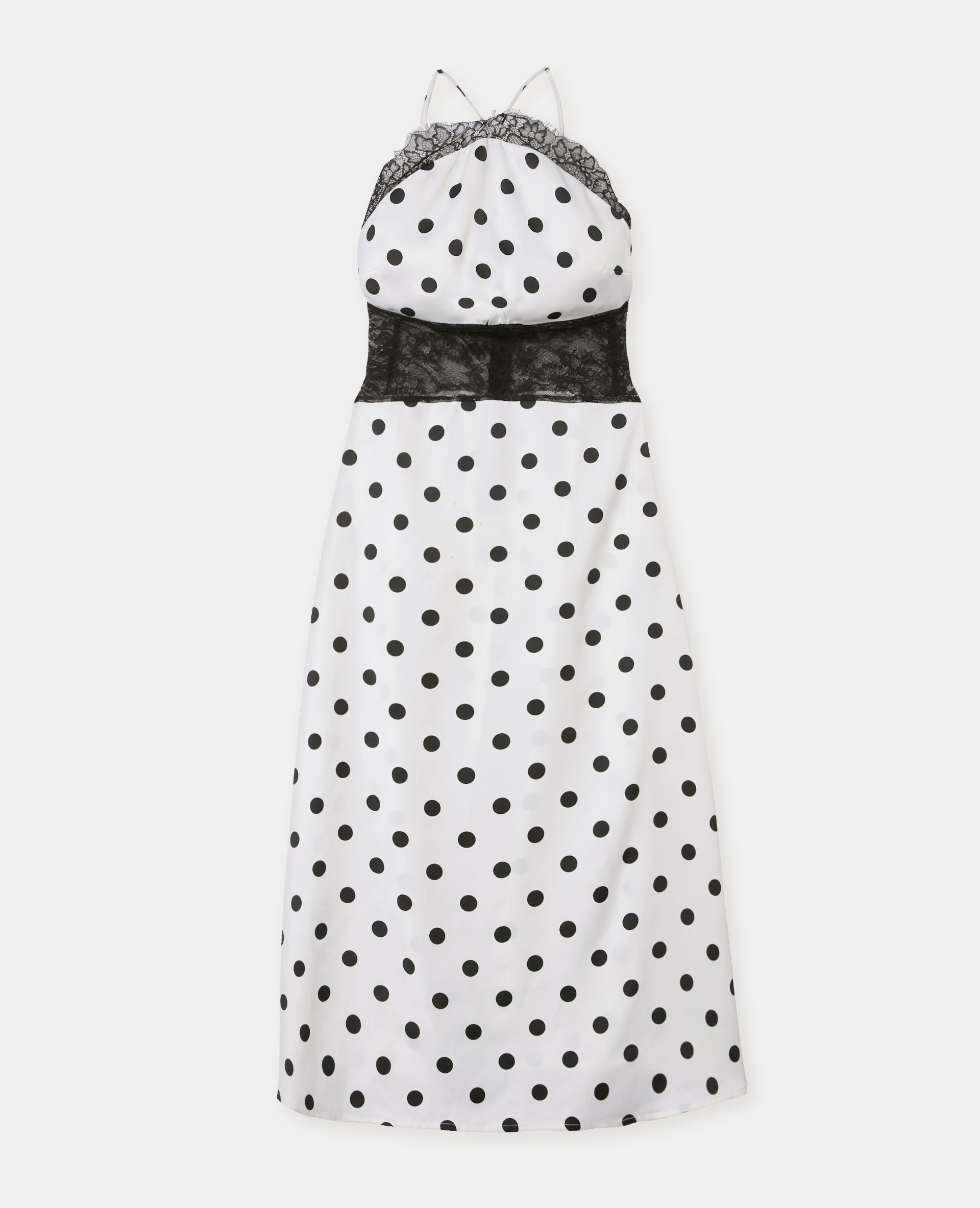 Robe longue à pois avec empiècements dentelle