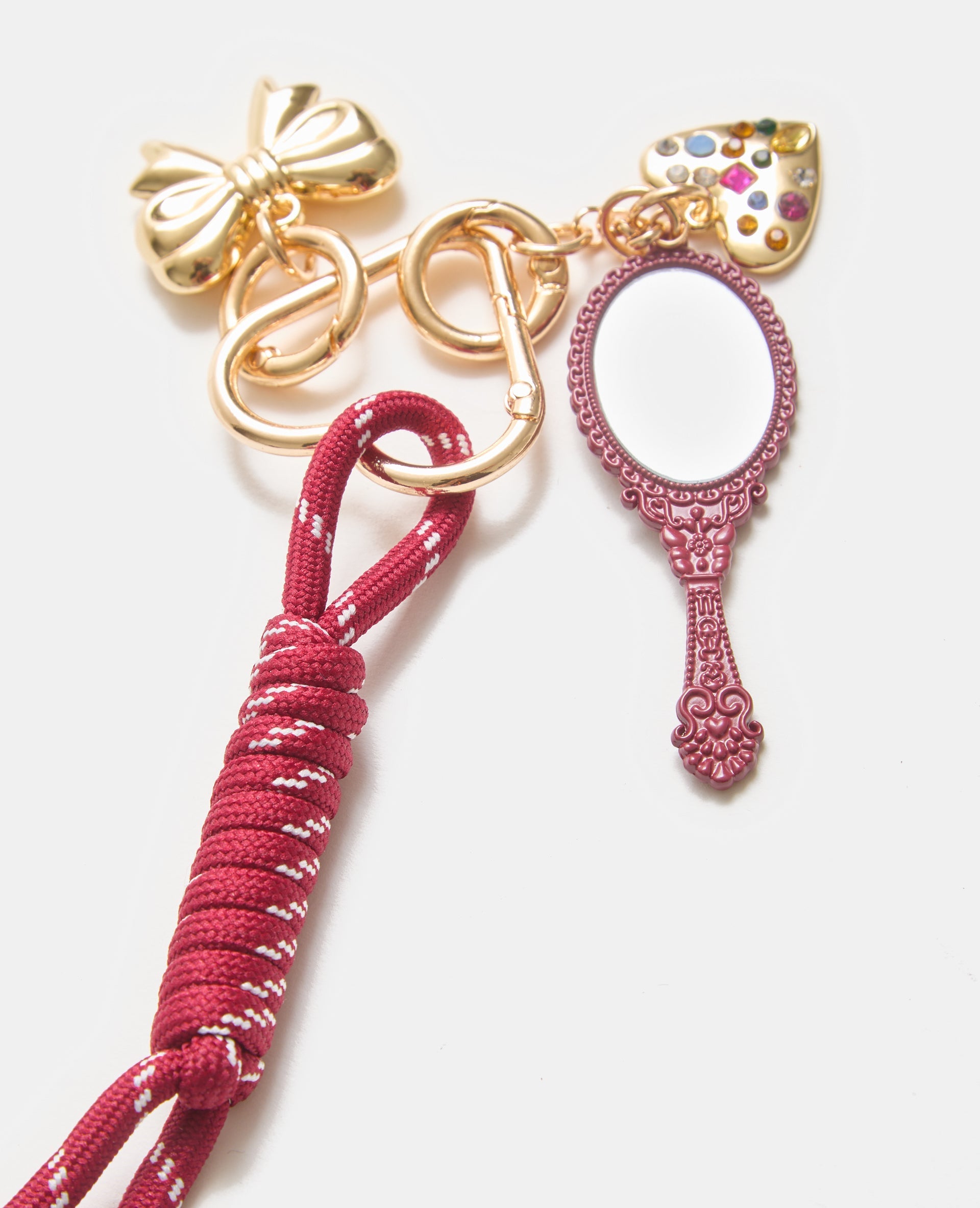 Porte-clé ou déco de sac avec mini-miroir, nœud…