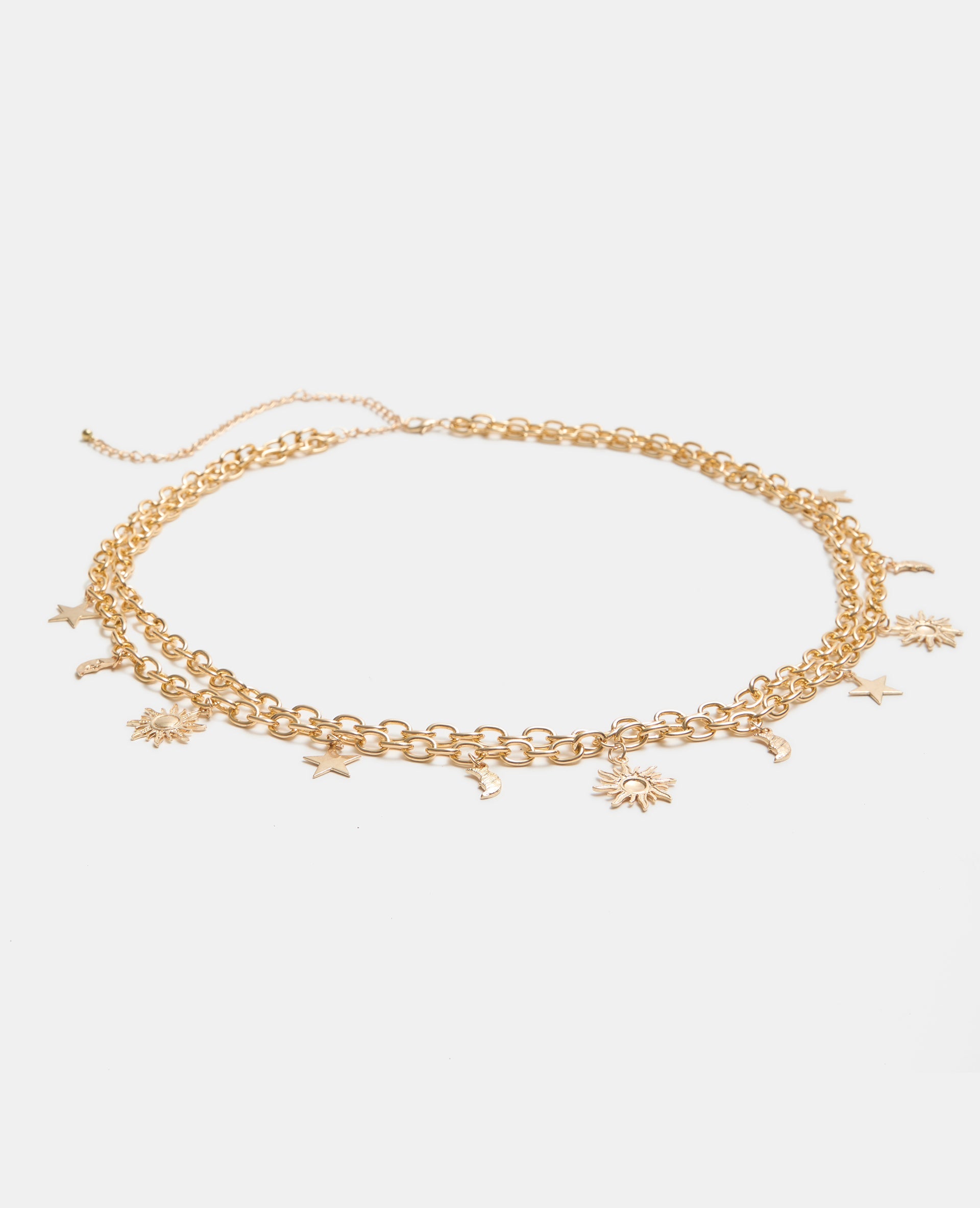 Ceinture chaîne double rangée avec lunes, étoiles et soleils